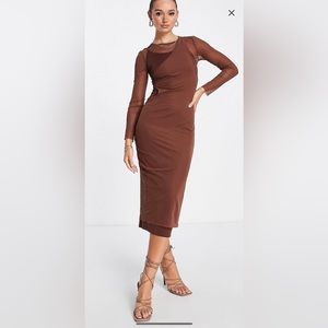 Topshop mesh mixed long sleeve midi dress in brown BRAND NEW W TAGS SIZE SMALL
